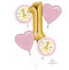 Balloon Foil Bouquet Girl 1st BDay Pink 5Pk Uninflated